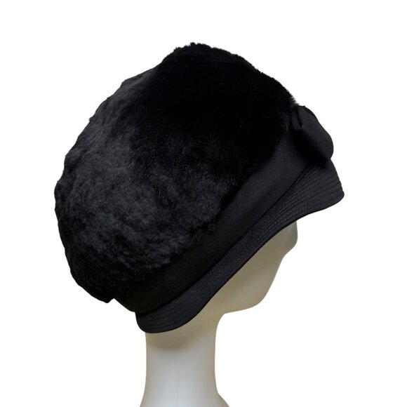 Saks Fifth Avenue 1960s Womens Black Faux Fur Cloche Hat With Bow Red Lining main image 6